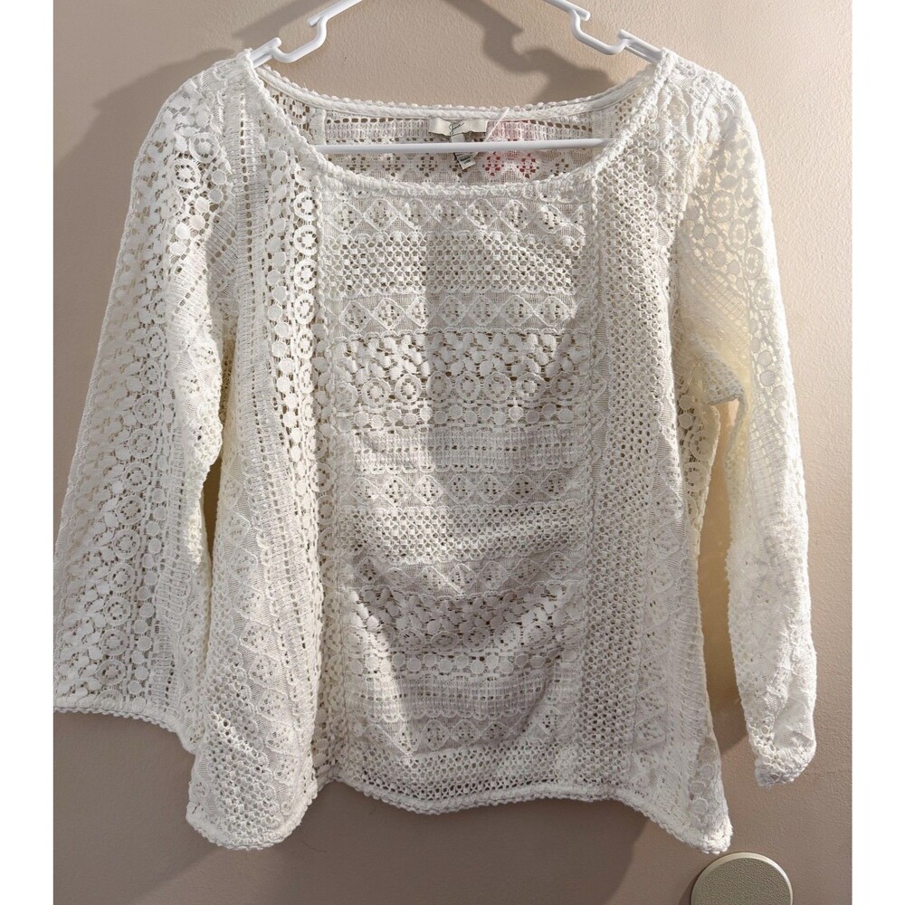 Joie White Lace Boho Blouse Womens Medium Crochet Sheer Top 3/4 Sleeve